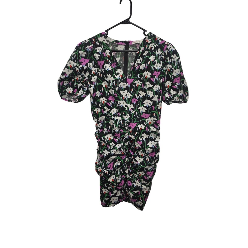 Veronica Beard Floral Ruched Mini Dress Black Purple V-Neck Puff Sleeve